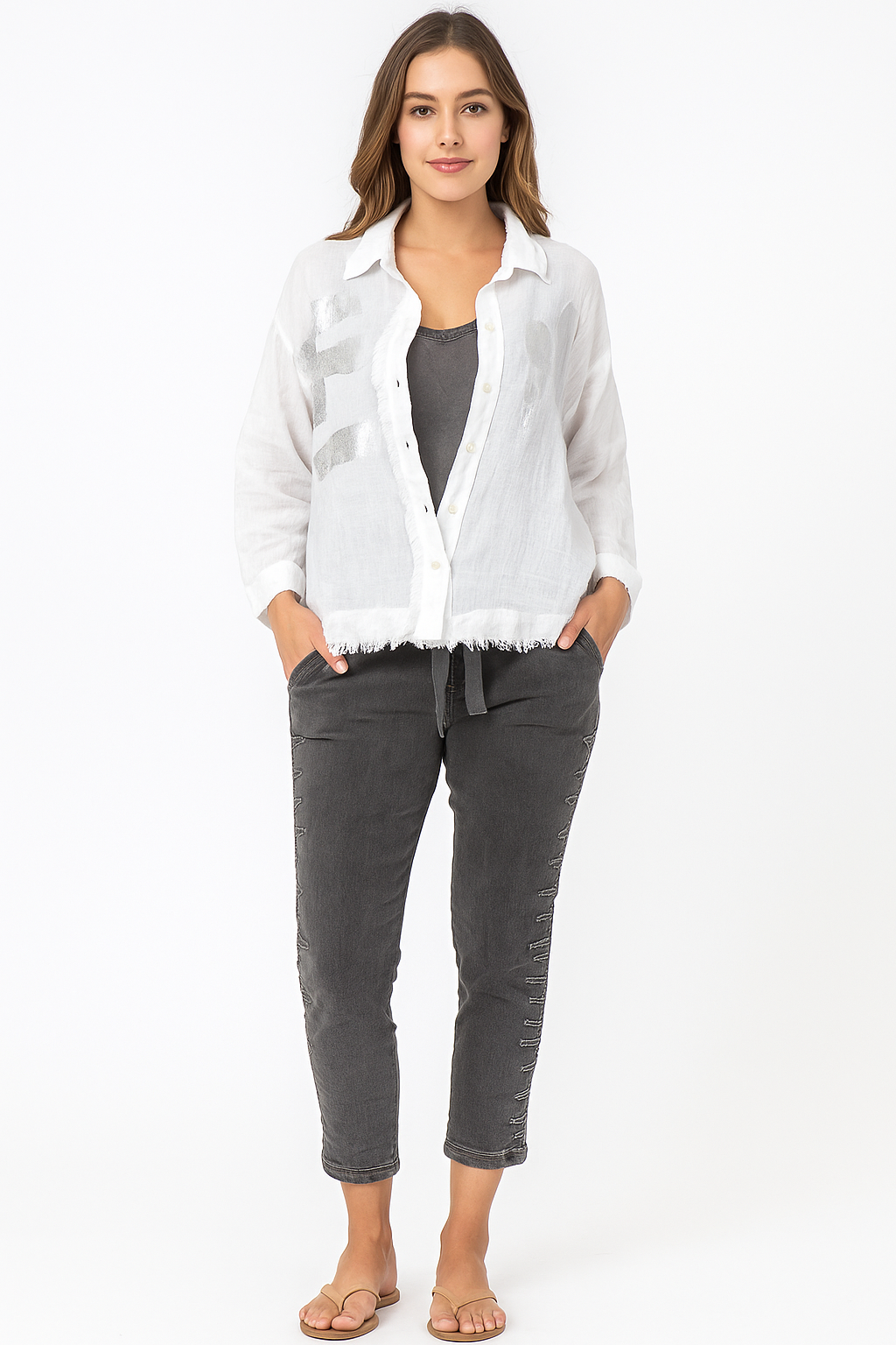 Linen button down Silver Foil top