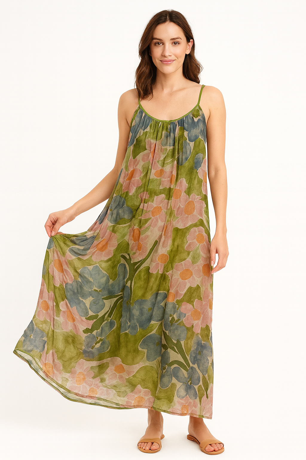 Meadow Bloom Silk Sleeve-less Dress