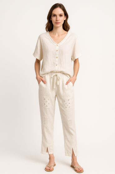 Linen Sequin Square Patch Pants