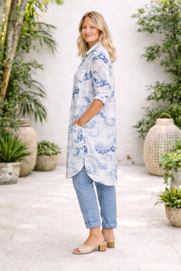 Baroque Leaf Print Cotton Button-Up Top