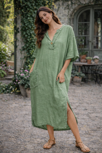 Linen Ruffled Dress with Pocket