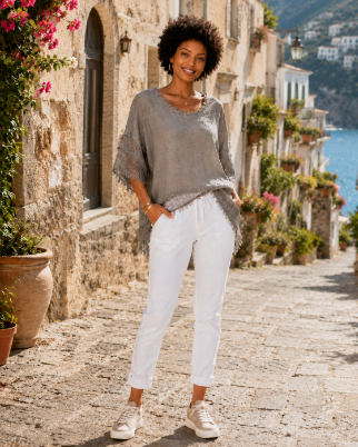 Raw Edge Linen Fishnet Top
