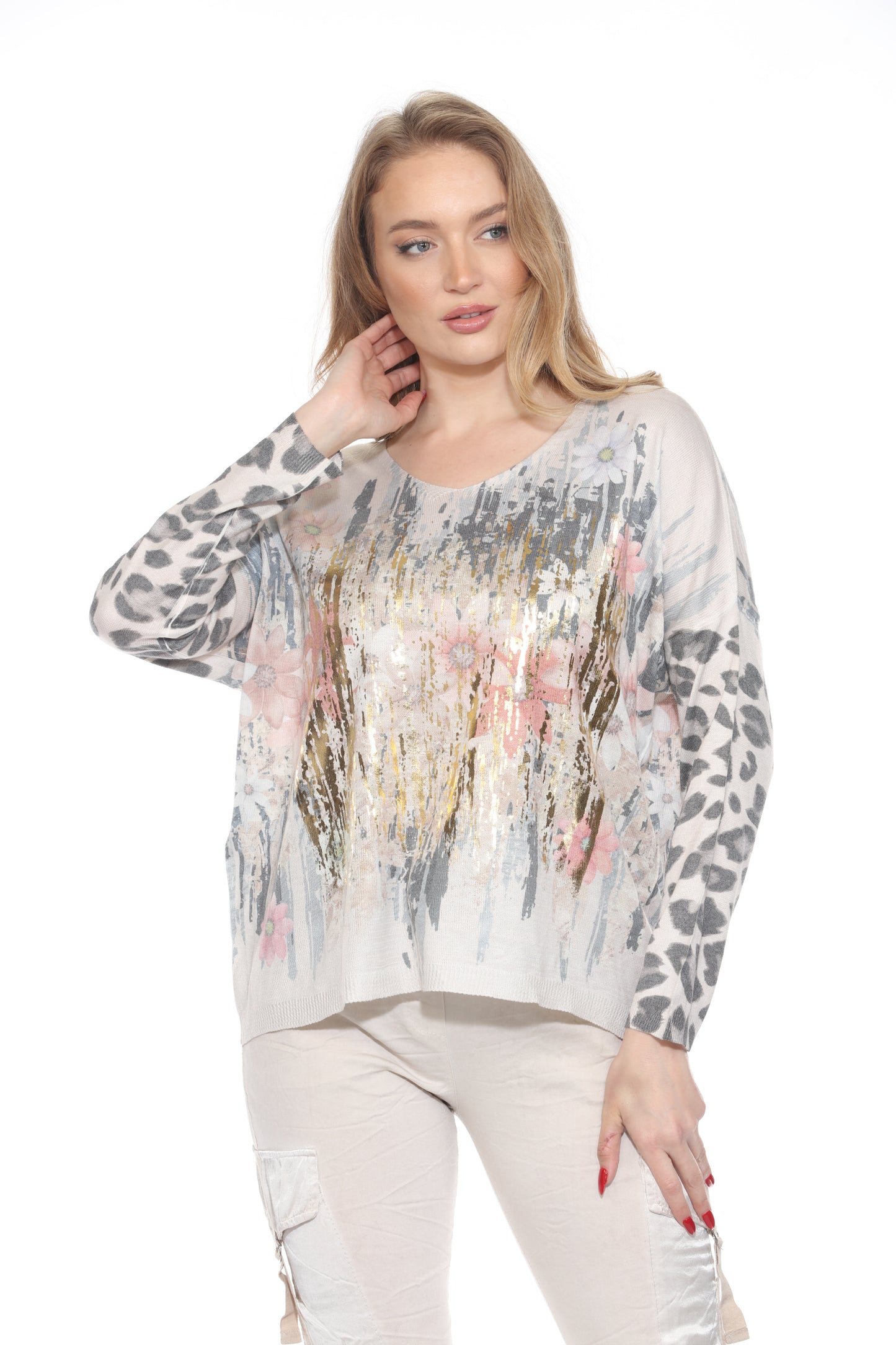 Gold Foil Floral Cheetah Print Top