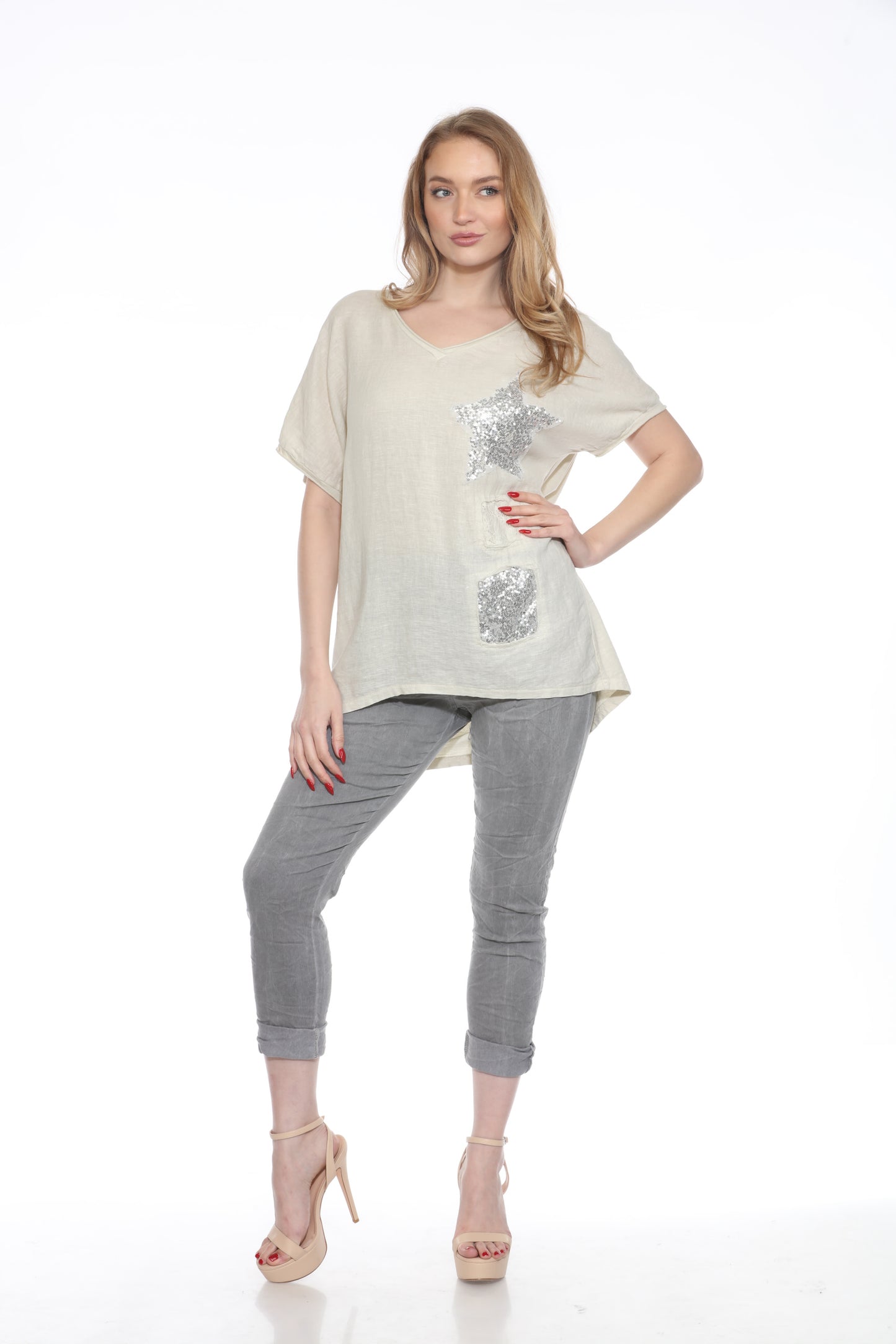 Linen/Cotton Sequin Patch Top