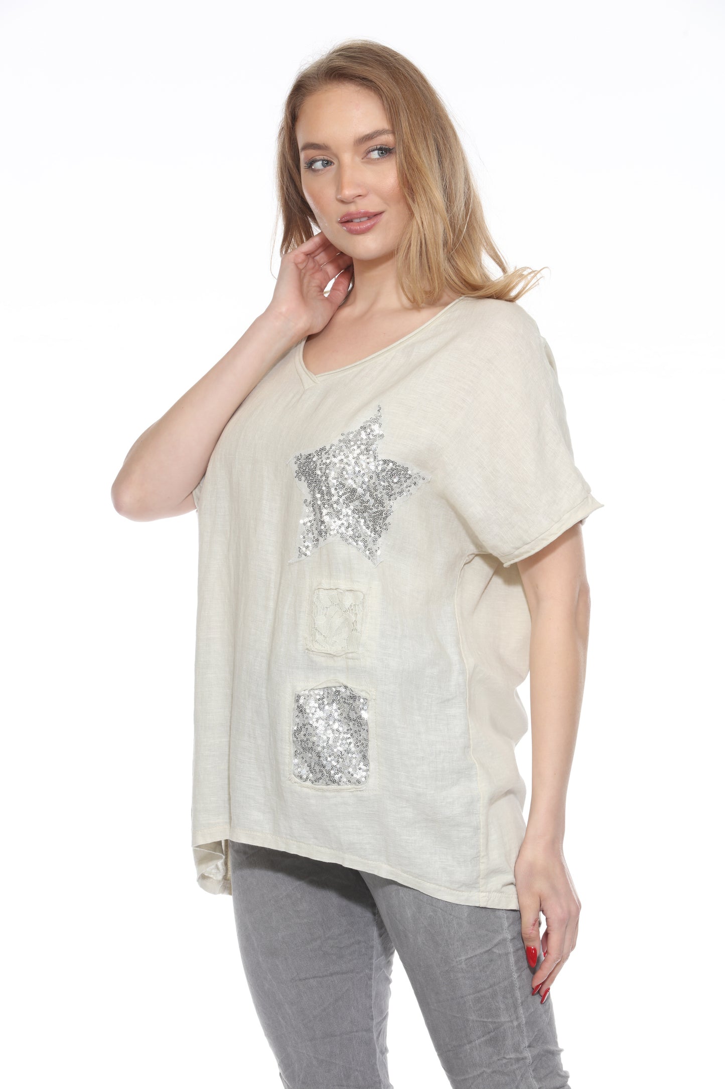 Linen/Cotton Sequin Patch Top