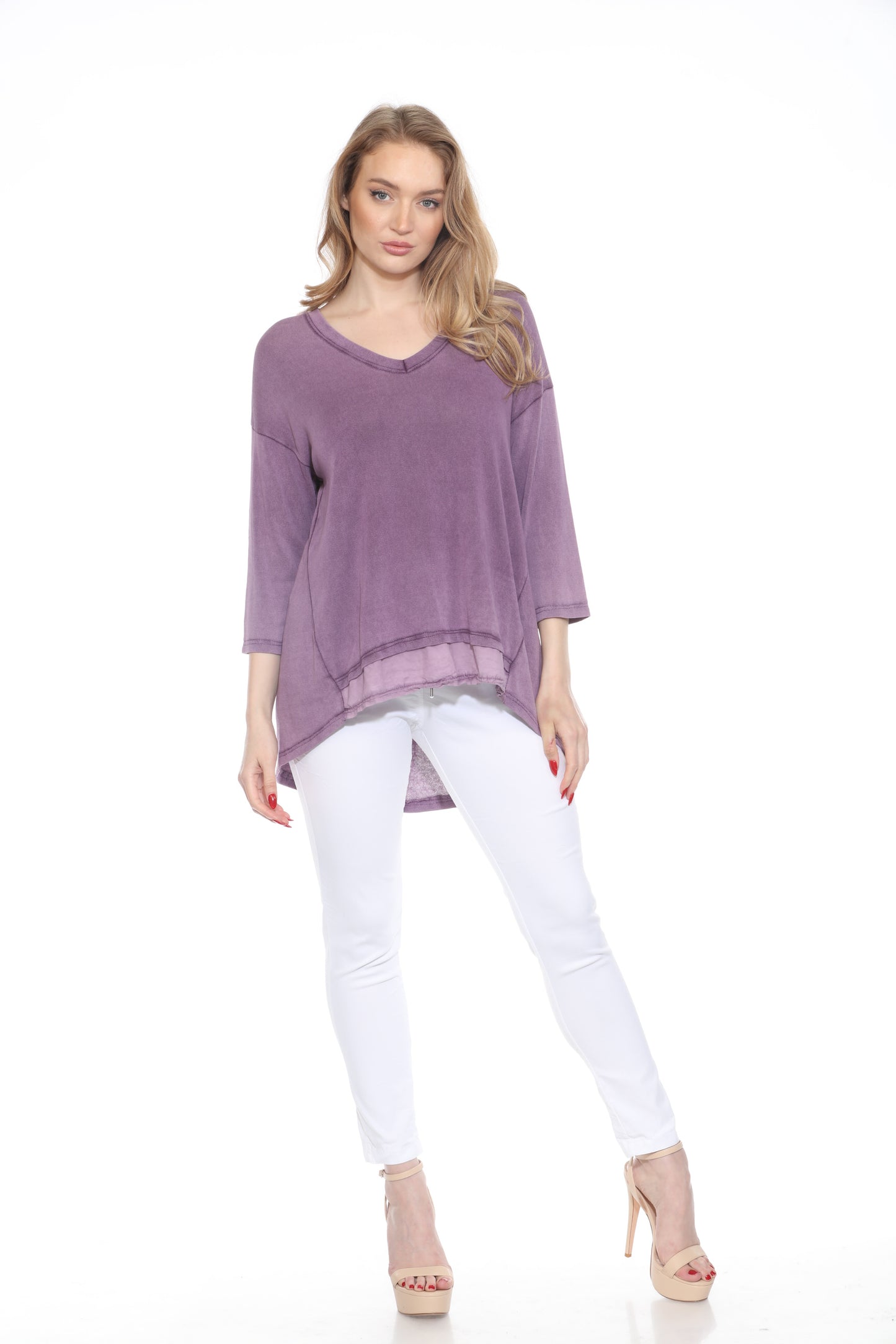 High Low Cotton Terry Top V-Neck