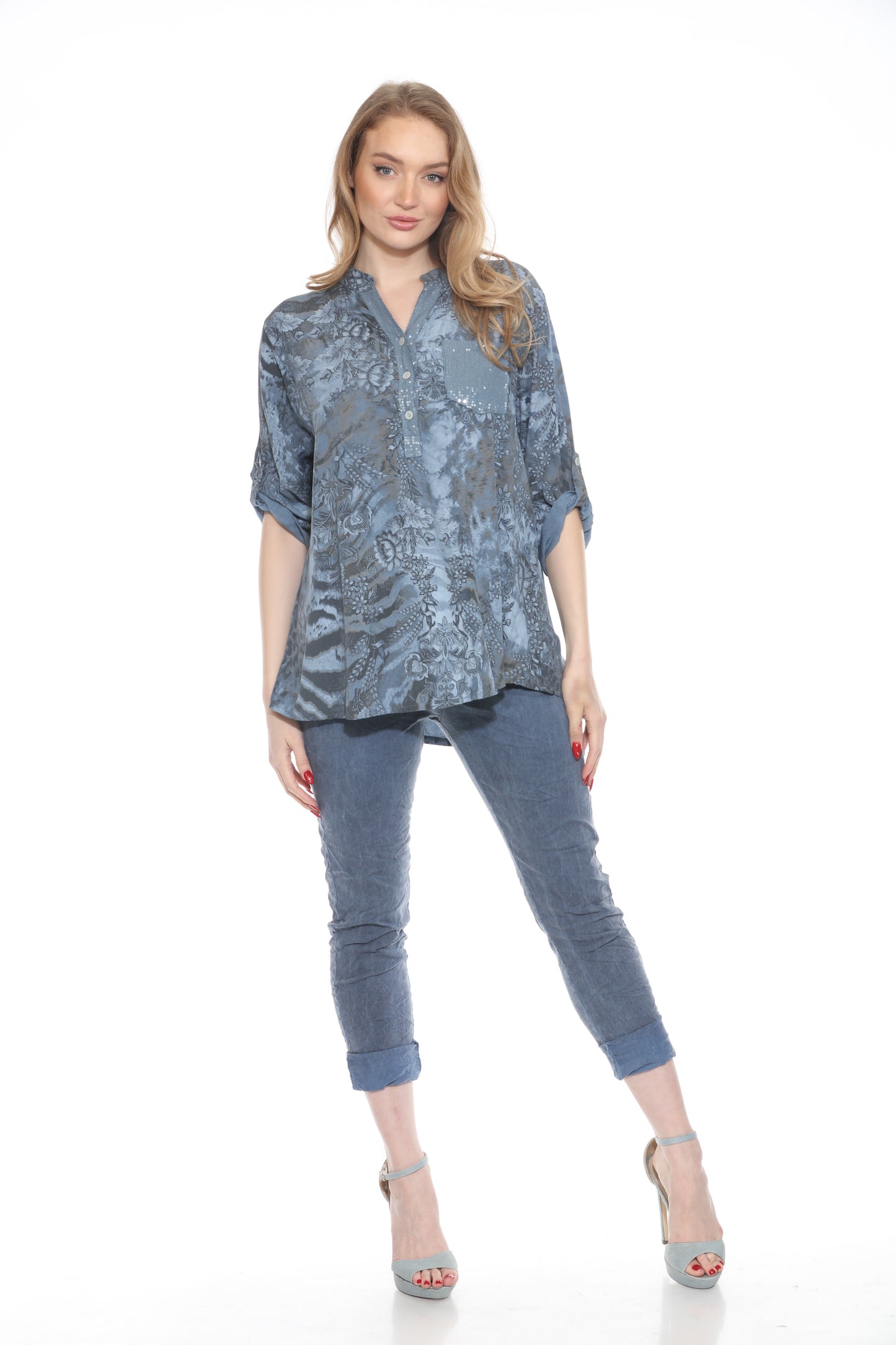 Abstract Floral Sequin Pocket Top