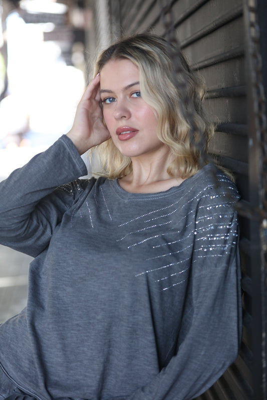 Cotton Rhinestone V-Neck Top