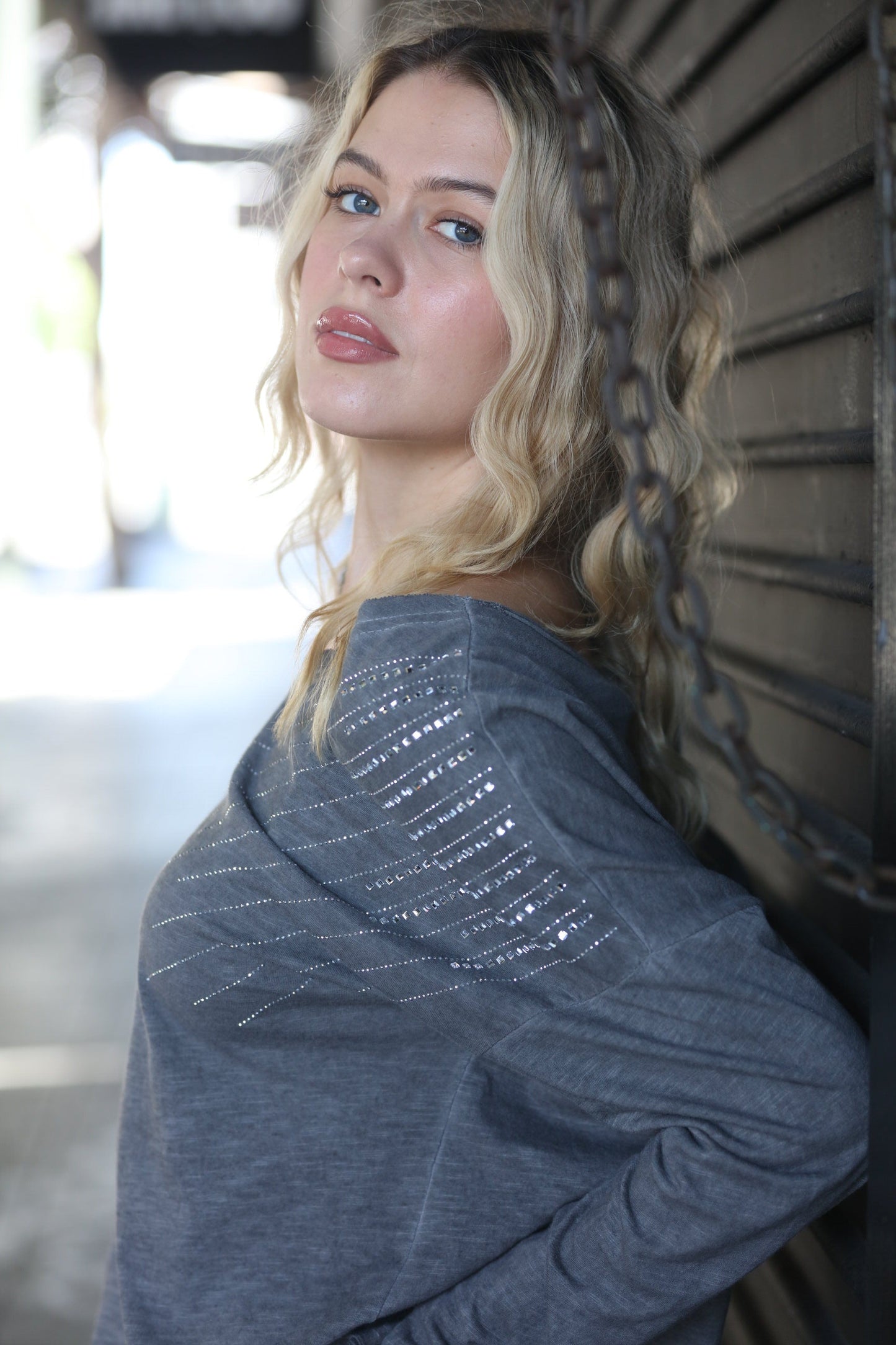 Cotton Rhinestone V-Neck Top