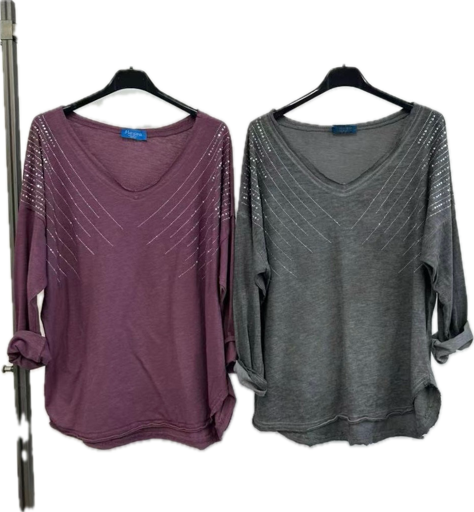 Cotton Rhinestone V-Neck Top
