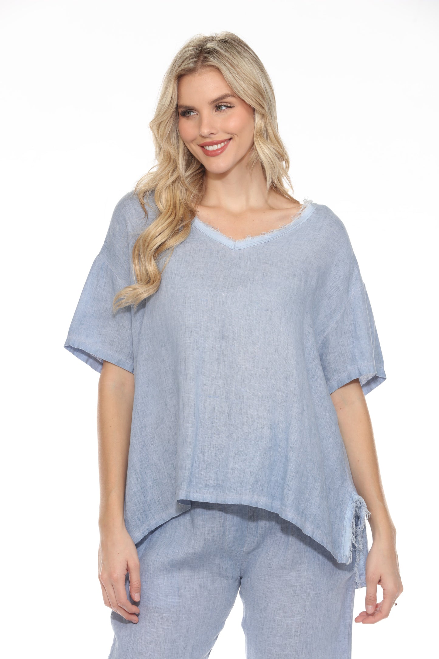 Linen Ruffled V-Neck Top