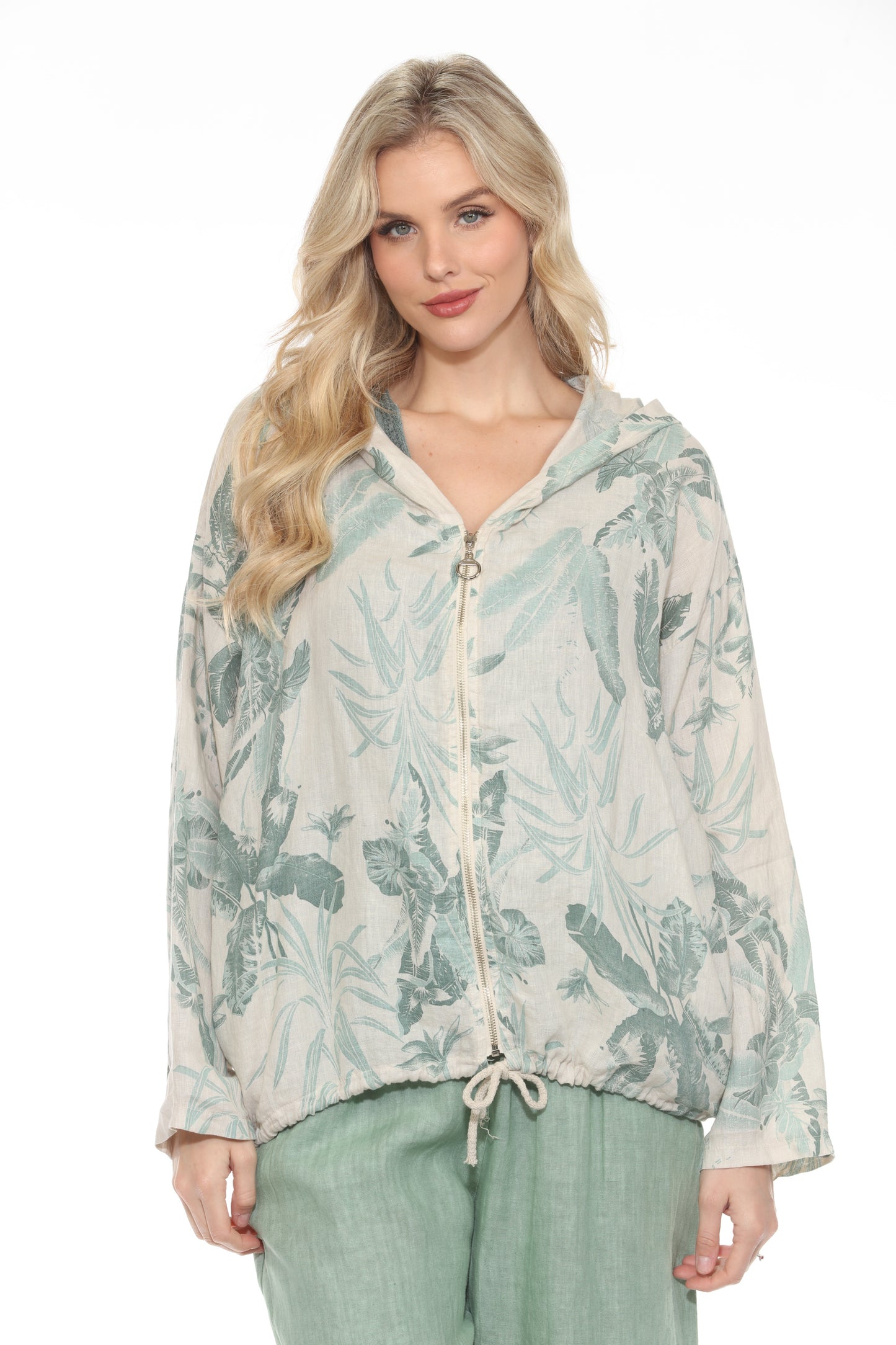 Linen Floral Zip Up Hoodie