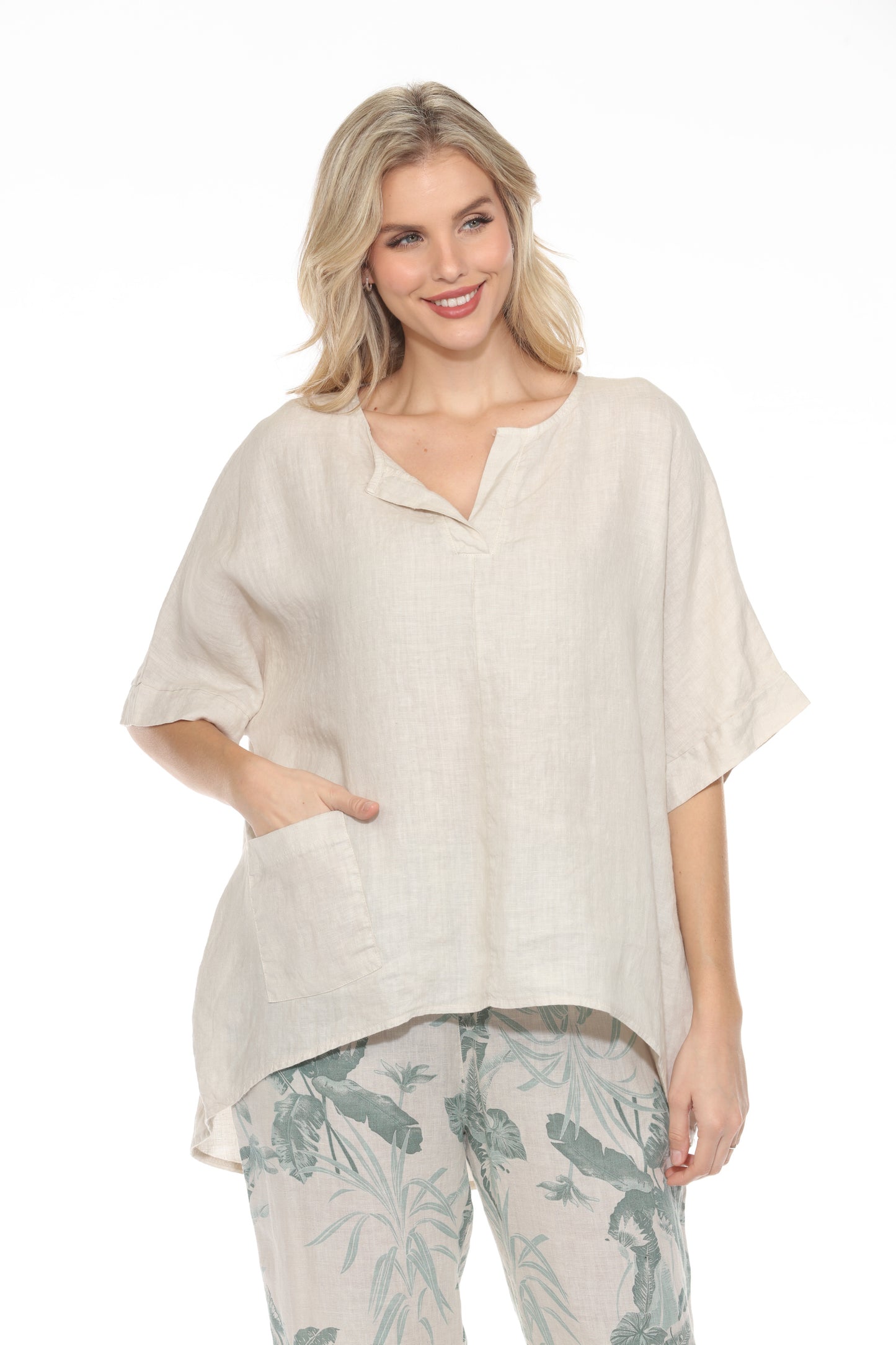 Linen V-Neck Pocket Top