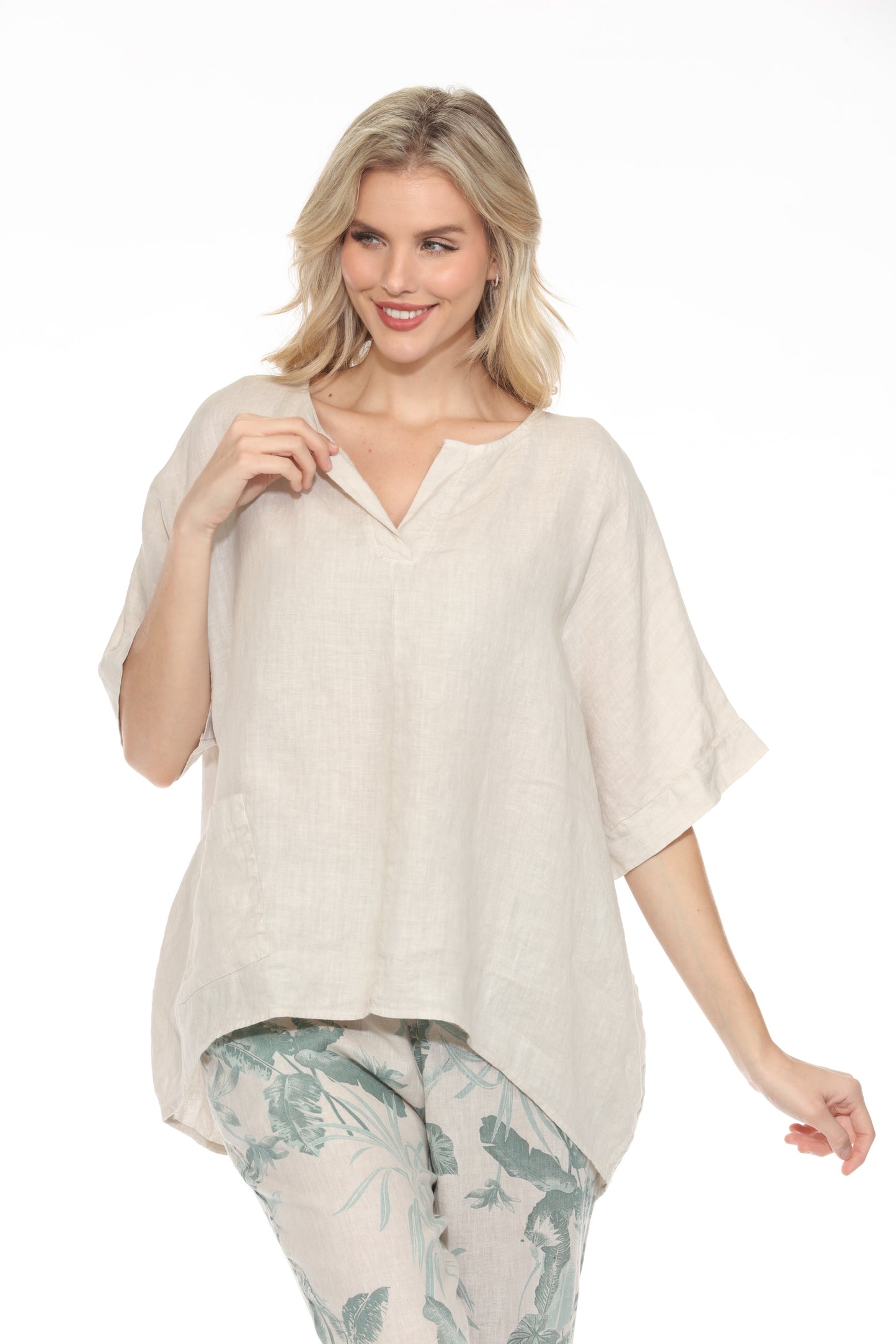 Linen V-Neck Pocket Top