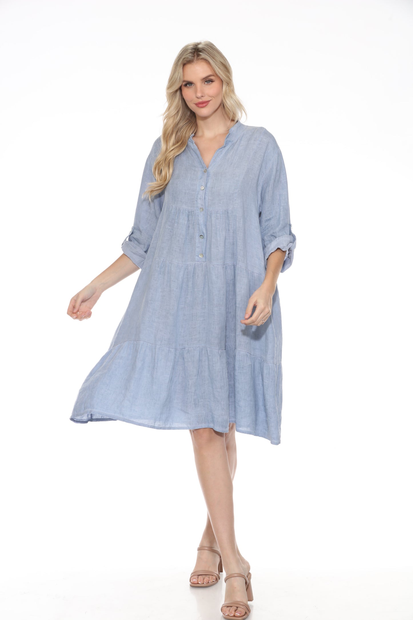 Button Linen Dress With Pocket