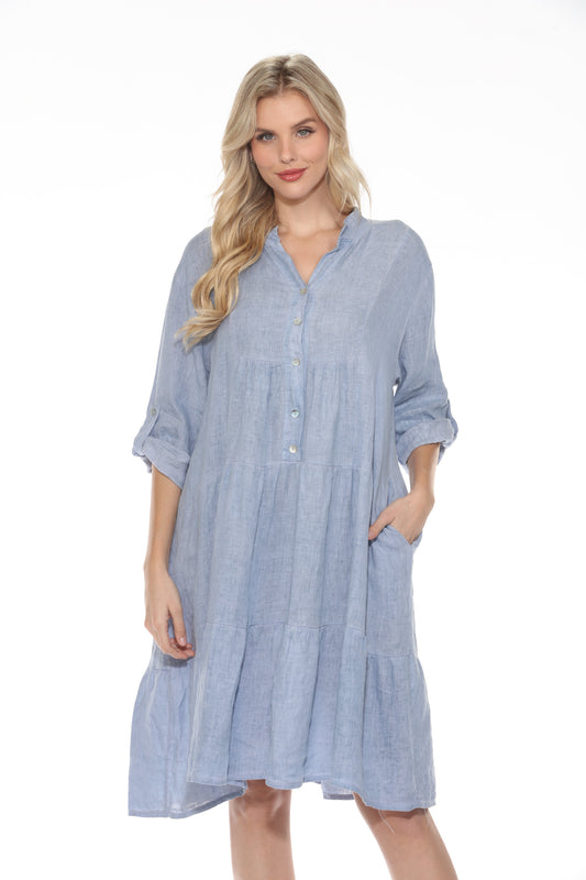 Button Linen Dress With Pocket