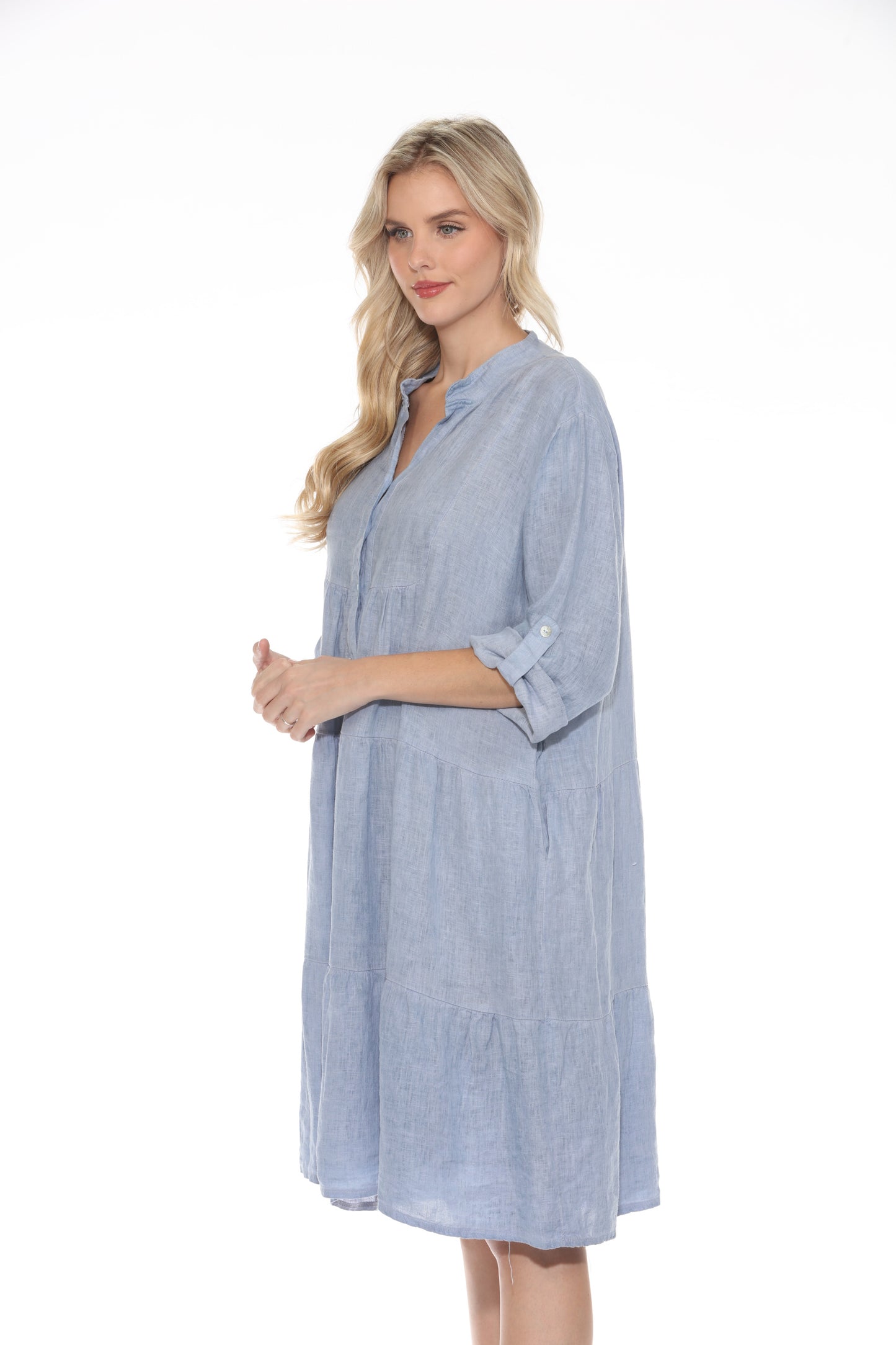 Button Linen Dress With Pocket