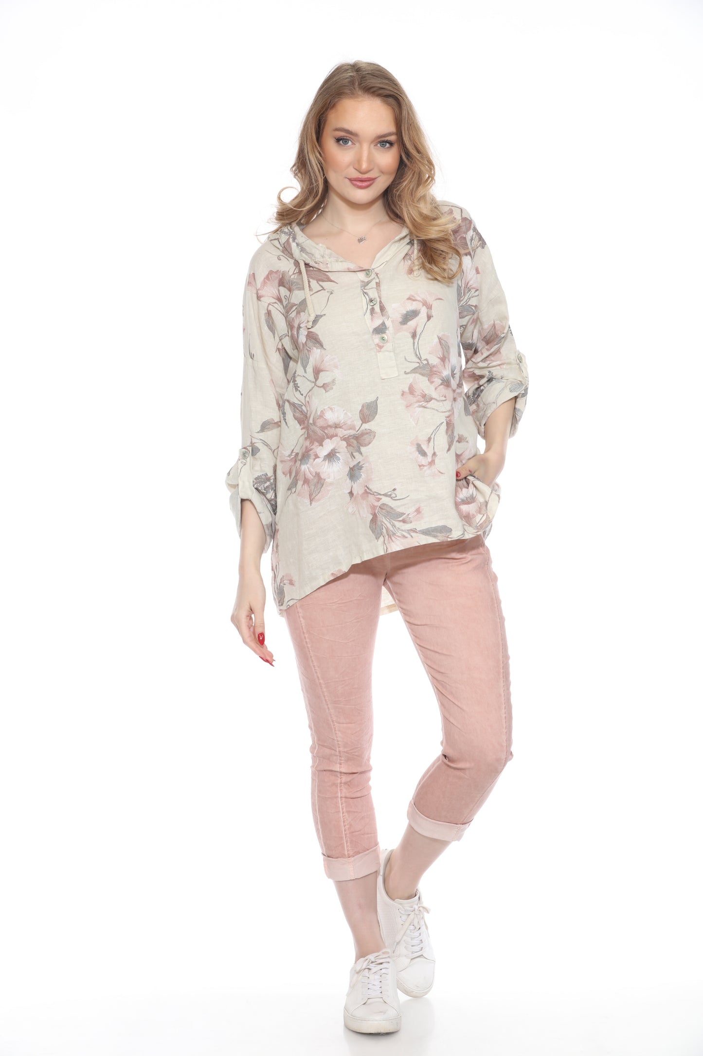 Floral Hooded Quarter Buttoned Top