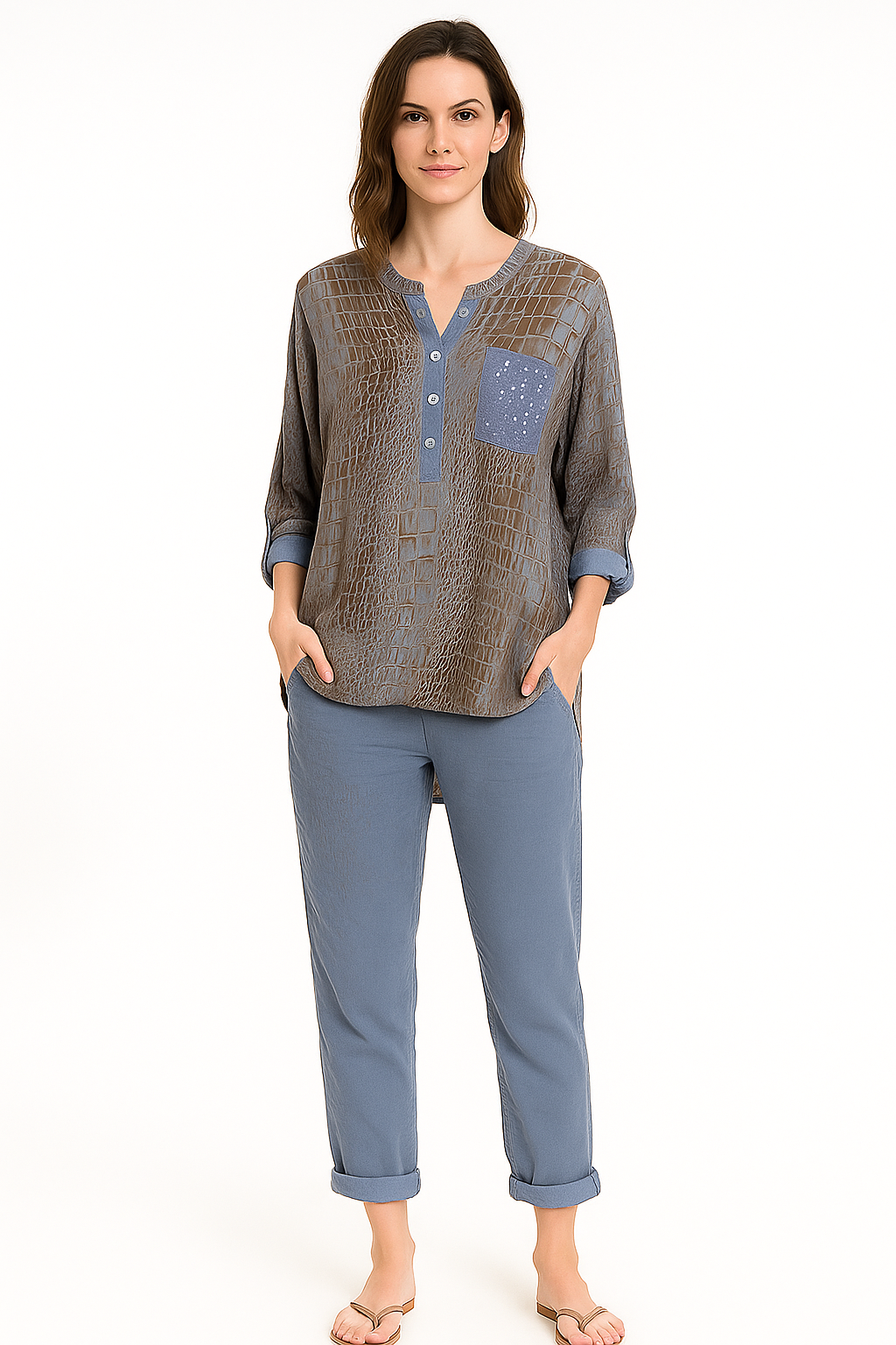 Blue Croc Skin Sequin Pocket Top