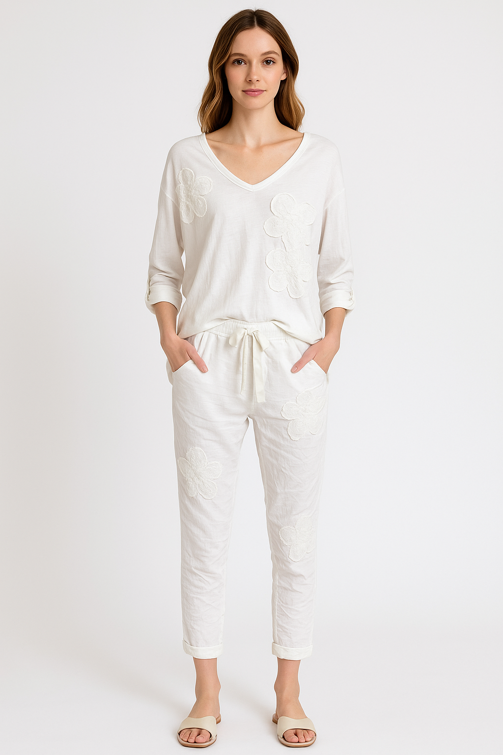 Floral Embroidered Sequin Stretch Pants