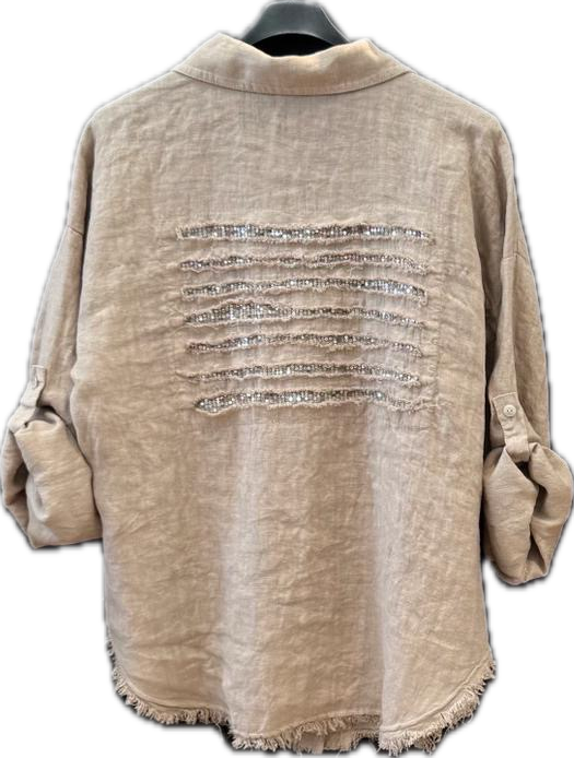 Linen Sequin Button-down Top