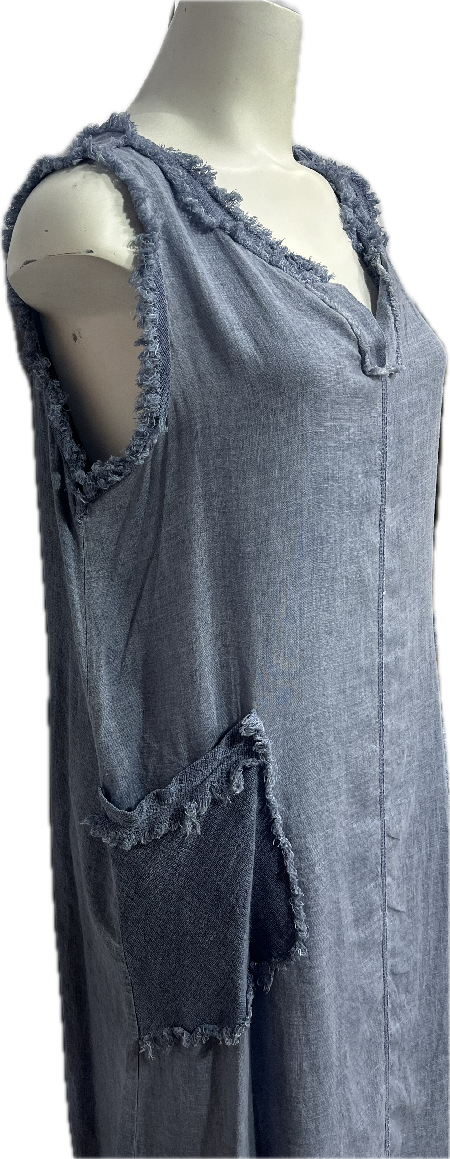 Linen/Rayon Ruffled Tank Dress with Gauze Pockets