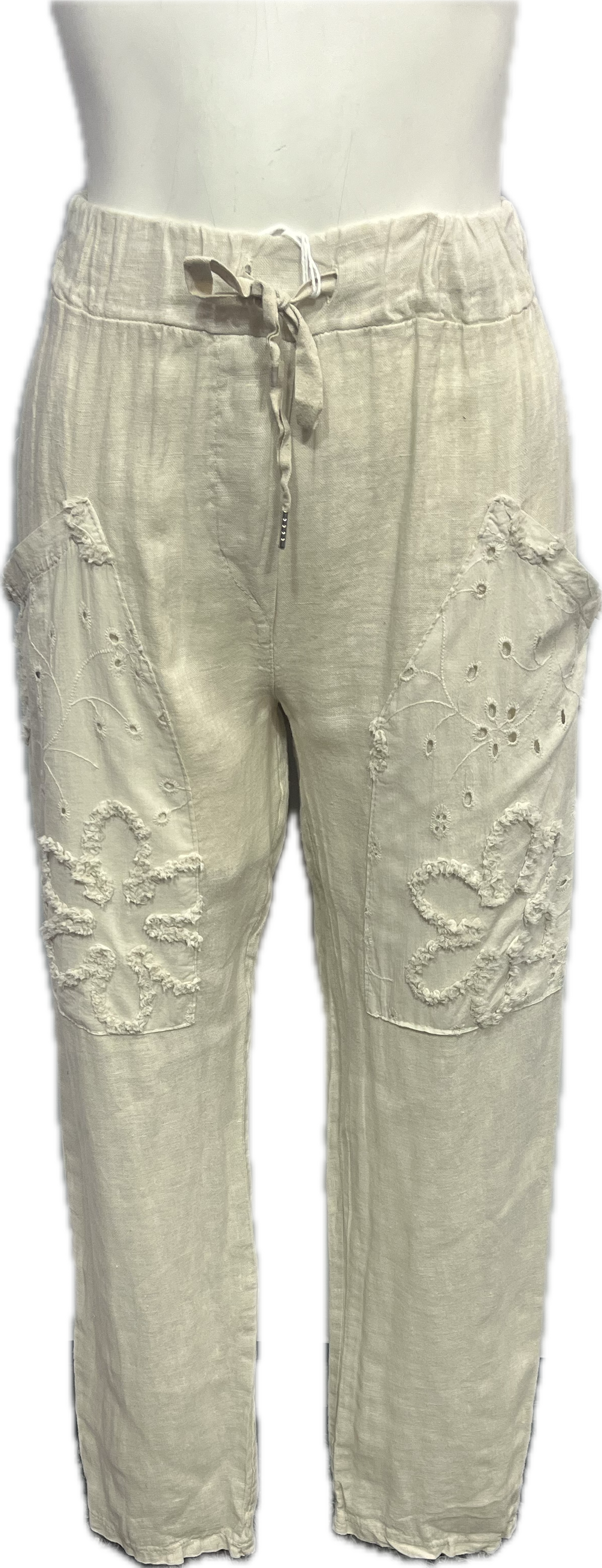 Linen Floral Embroidered Pants