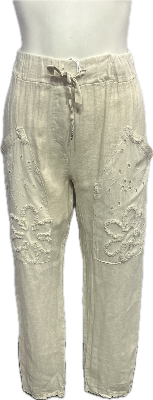 Linen Floral Embroidered Pants