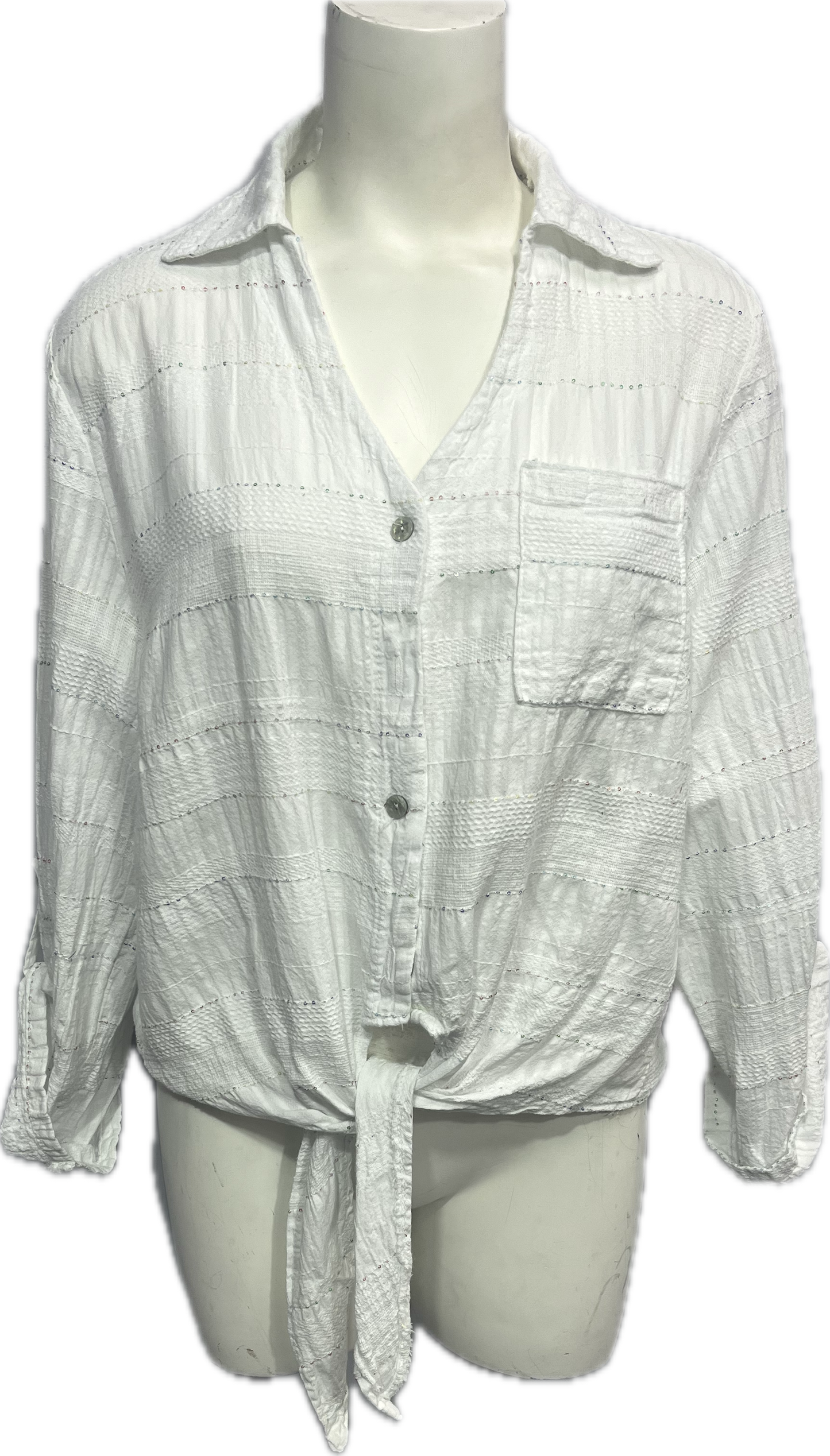 Sequin Button Down Tie Front Pocket Top