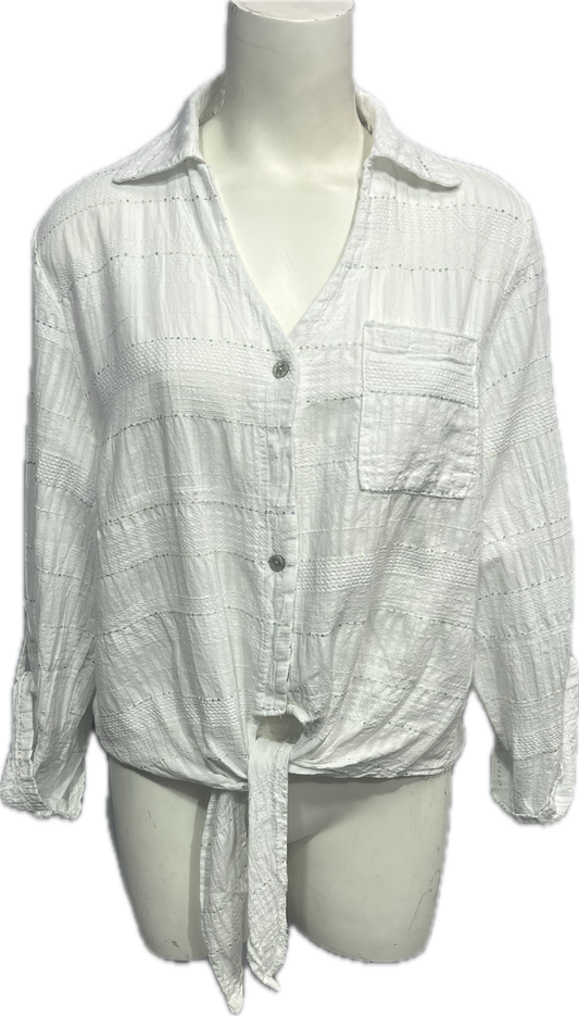 Sequin Button Down Tie Front Pocket Top