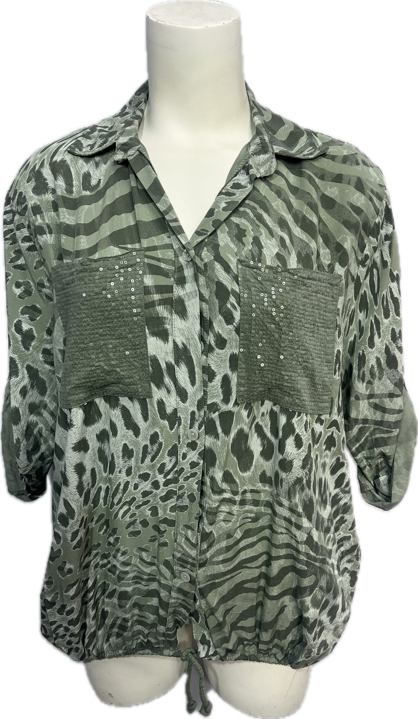 Animal Print Double Sequin Pocket Top with Tassel