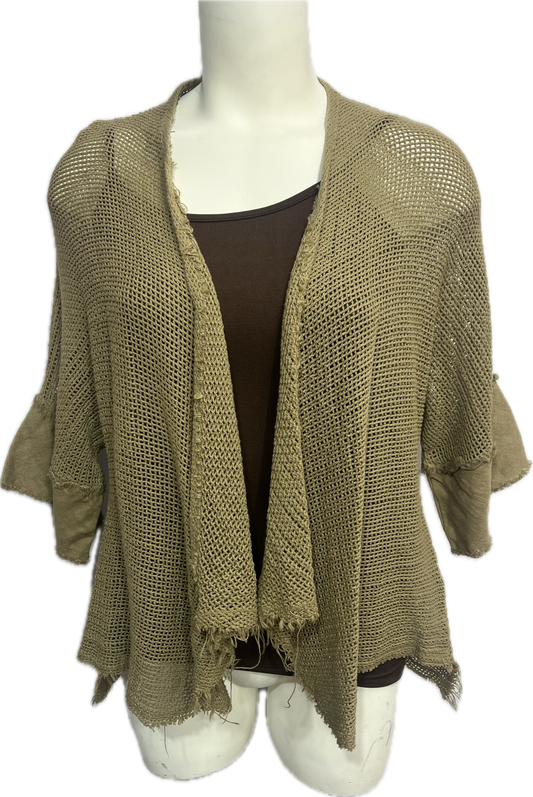 Fishnet Crochet Cardigan with Linen Trim