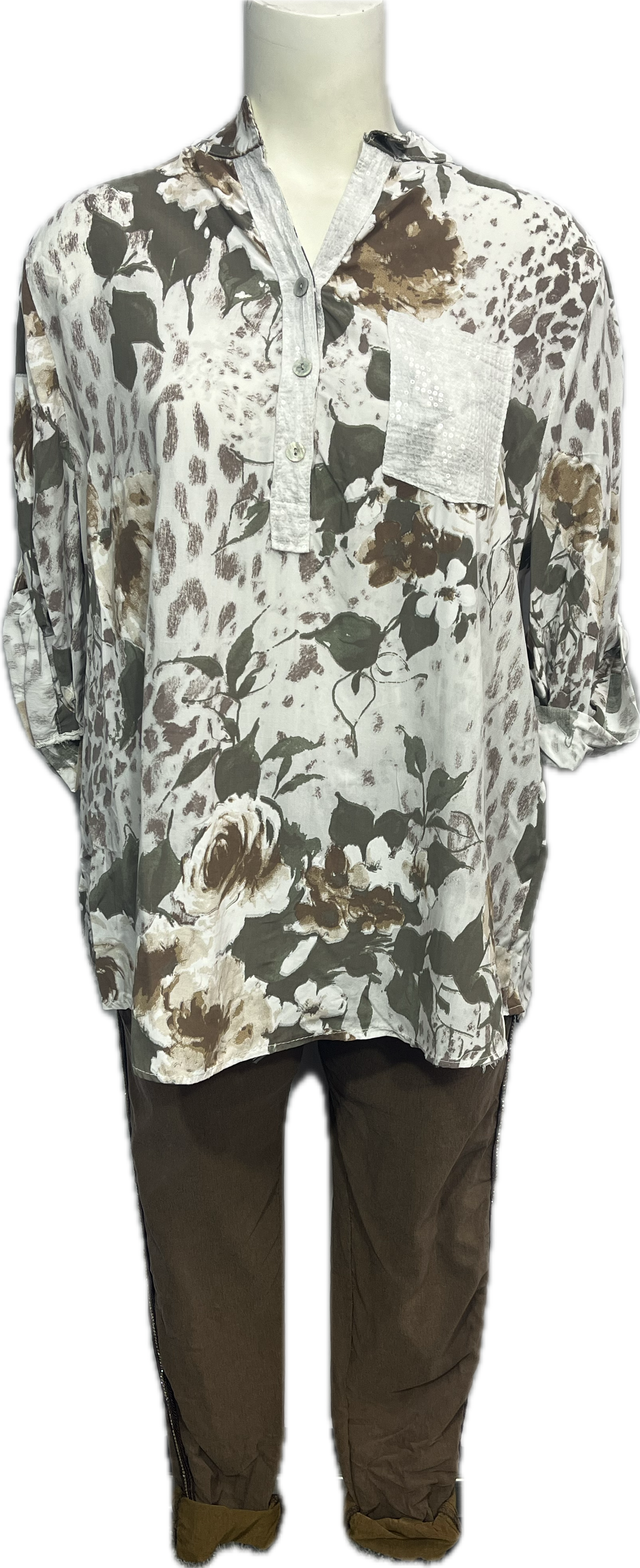 Viscose Floral Leopard Sequin Pocket Top