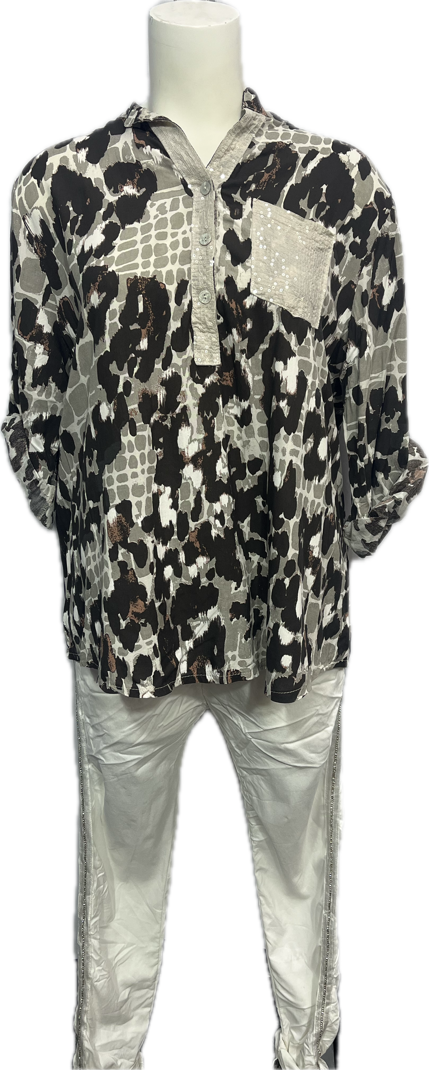 Viscose Abstract Leopard Sequin Pocket Top