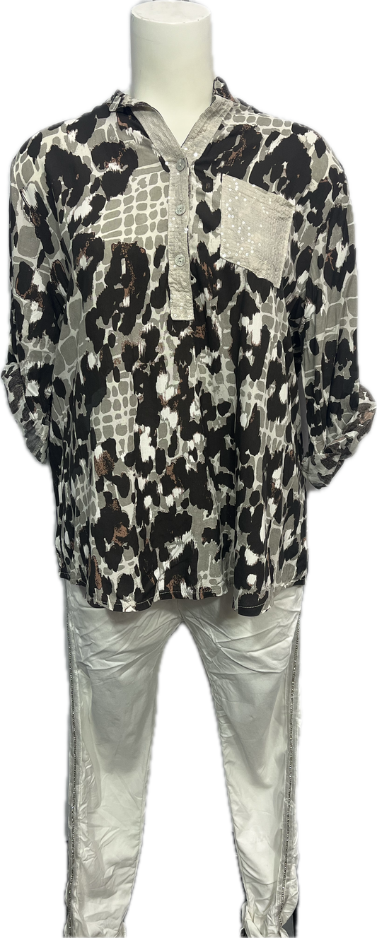 Viscose Abstract Leopard Sequin Pocket Top