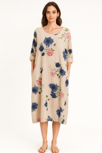 Vintage Floral Linen Midi Dress