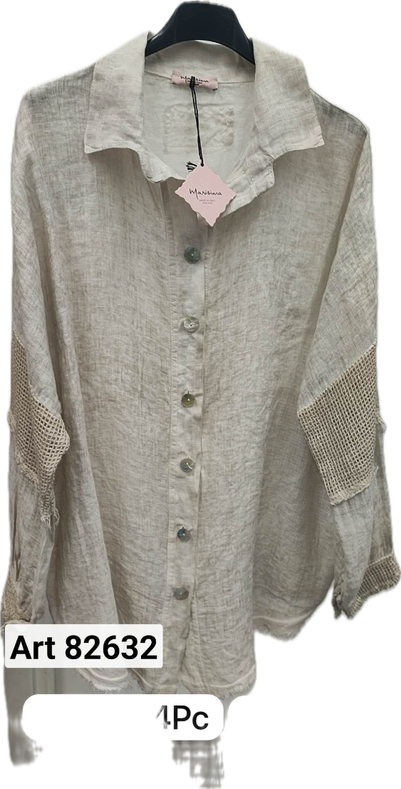 Linen Mesh Sleeve Button-Up Top