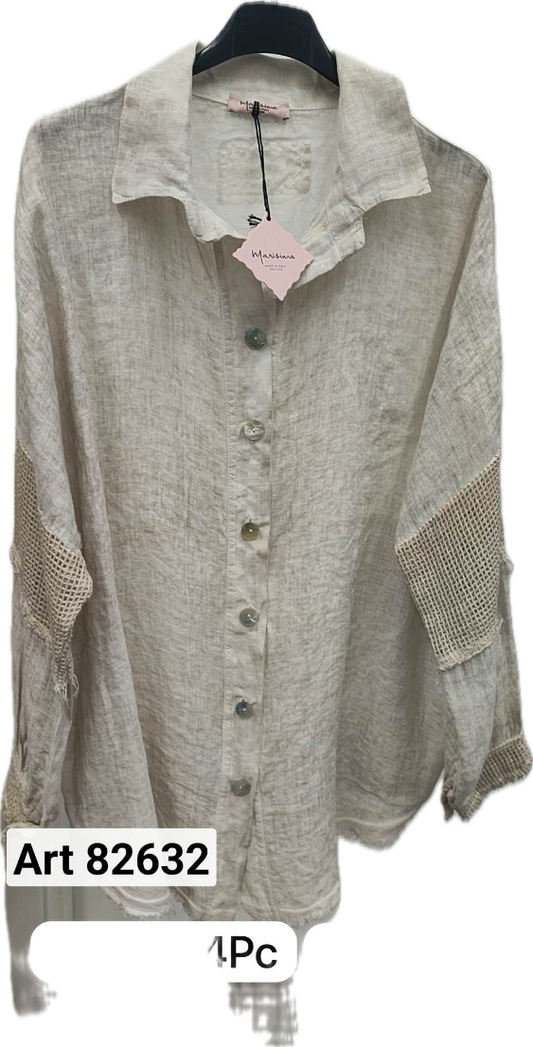 Linen Mesh Sleeve Button-Up Top