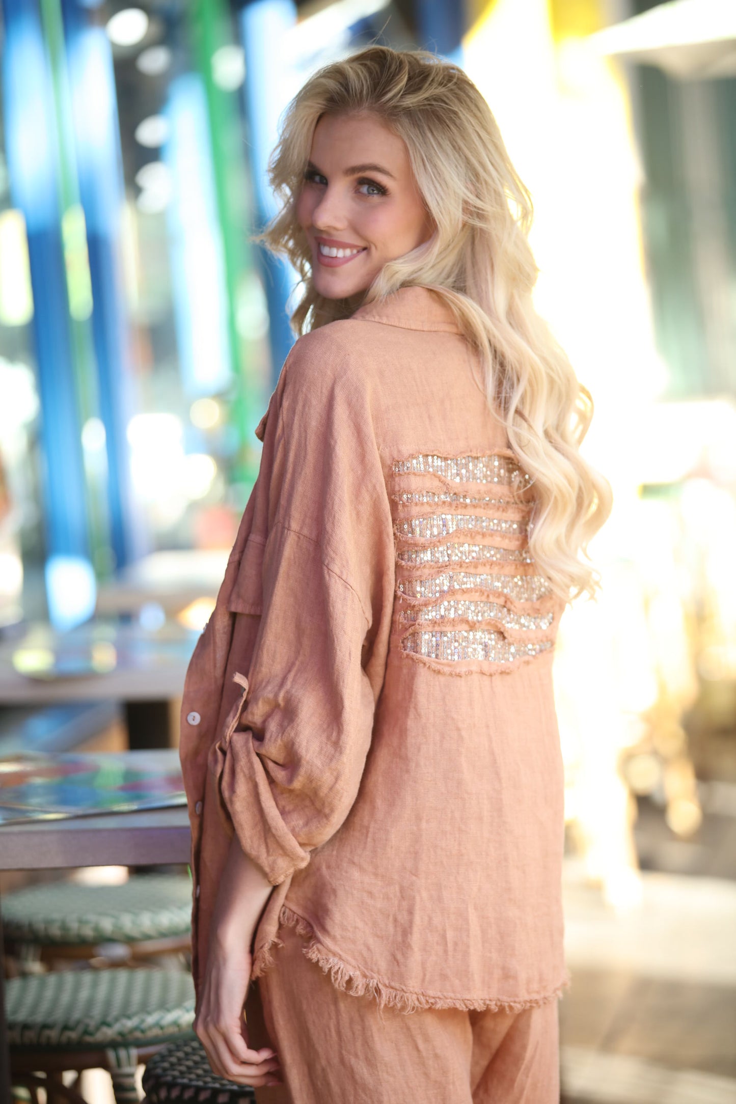Linen Sequin Button-down Top