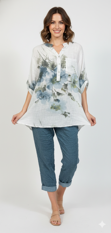 Blue Flora Cotton Top