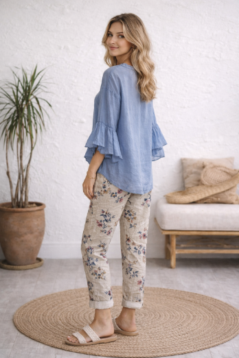 Cotton Ruffled-Sleeves Button Up Top