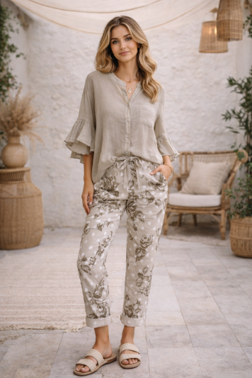 Cotton Ruffled-Sleeves Button Up Top
