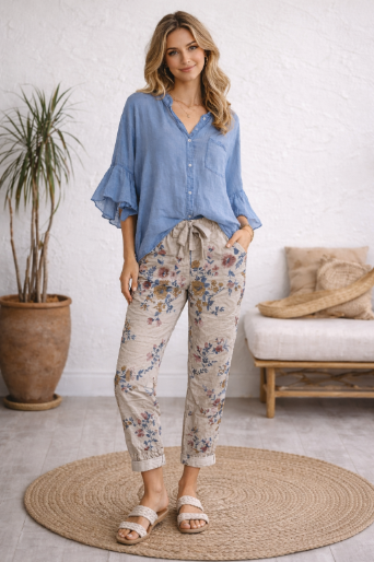 Cotton Ruffled-Sleeves Button Up Top