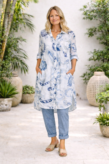 Baroque Leaf Print Cotton Button-Up Top