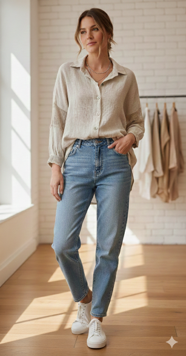 Linen Mesh Sleeve Button-Up Top