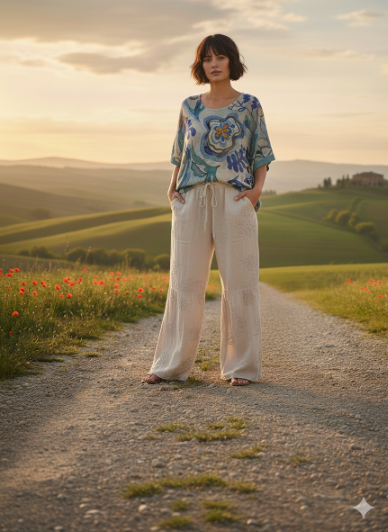 Linen Floral Embroidery Pants