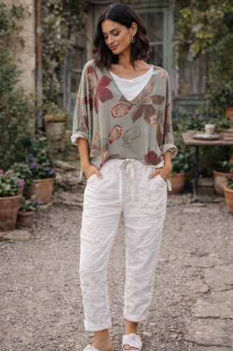Floral Embroidered Sequin Stretch Pants