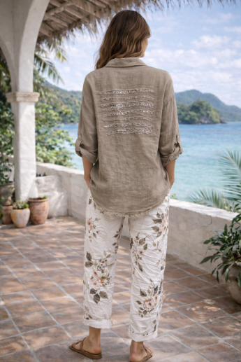 Linen Sequin Button-down Top