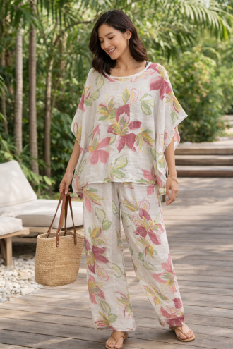 Linen Floral V-neck Top