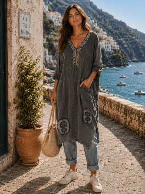 Washed Embroidered Tunic Dress